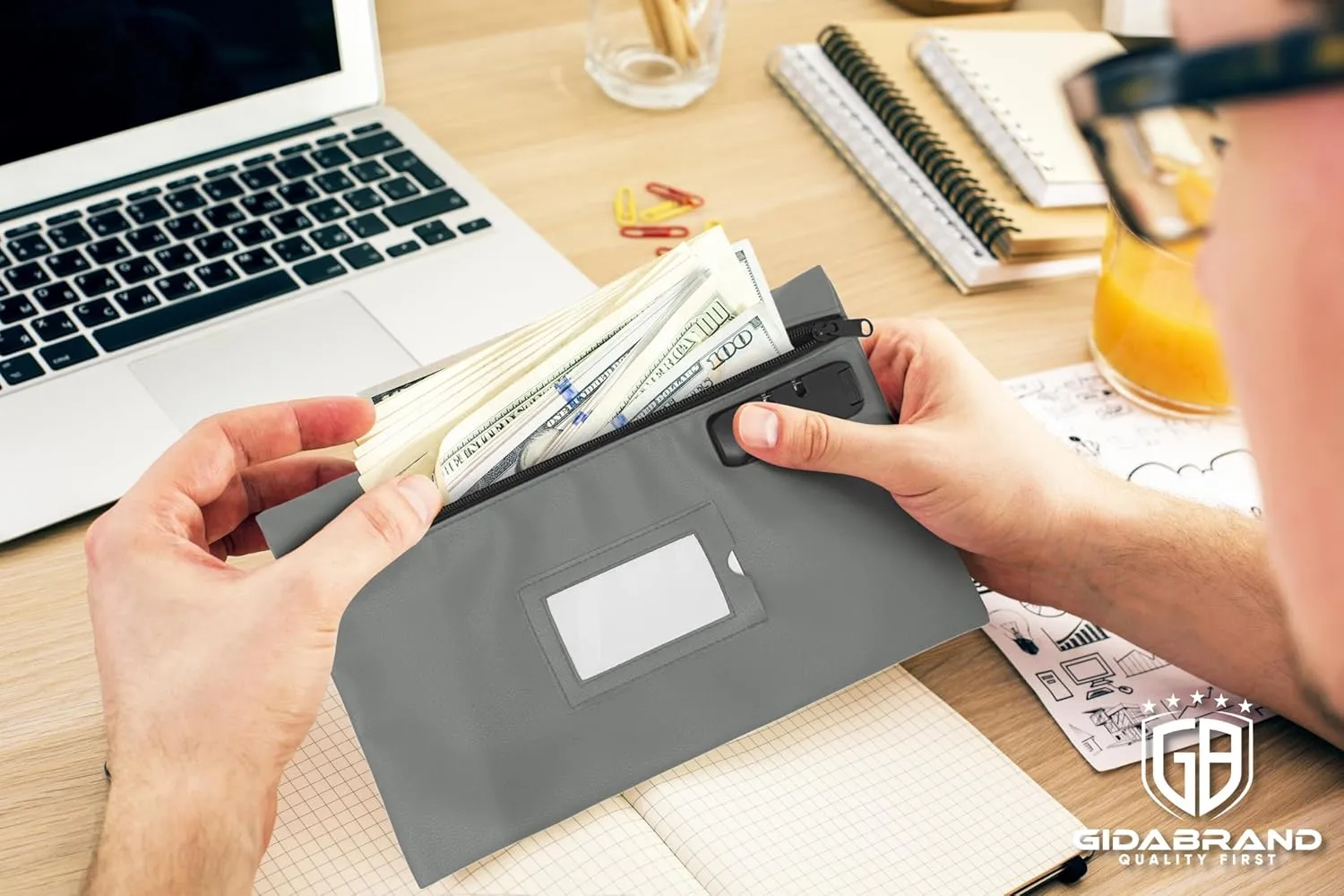 Money Bag for Cash with Lock | 12x8 inch | Durable Leatherette Money Cash Coin Check Bank Wallet Pouch with Zipper for Men & Women with Framed ID Window and Blank Card | by GIDABRAND (Grey)