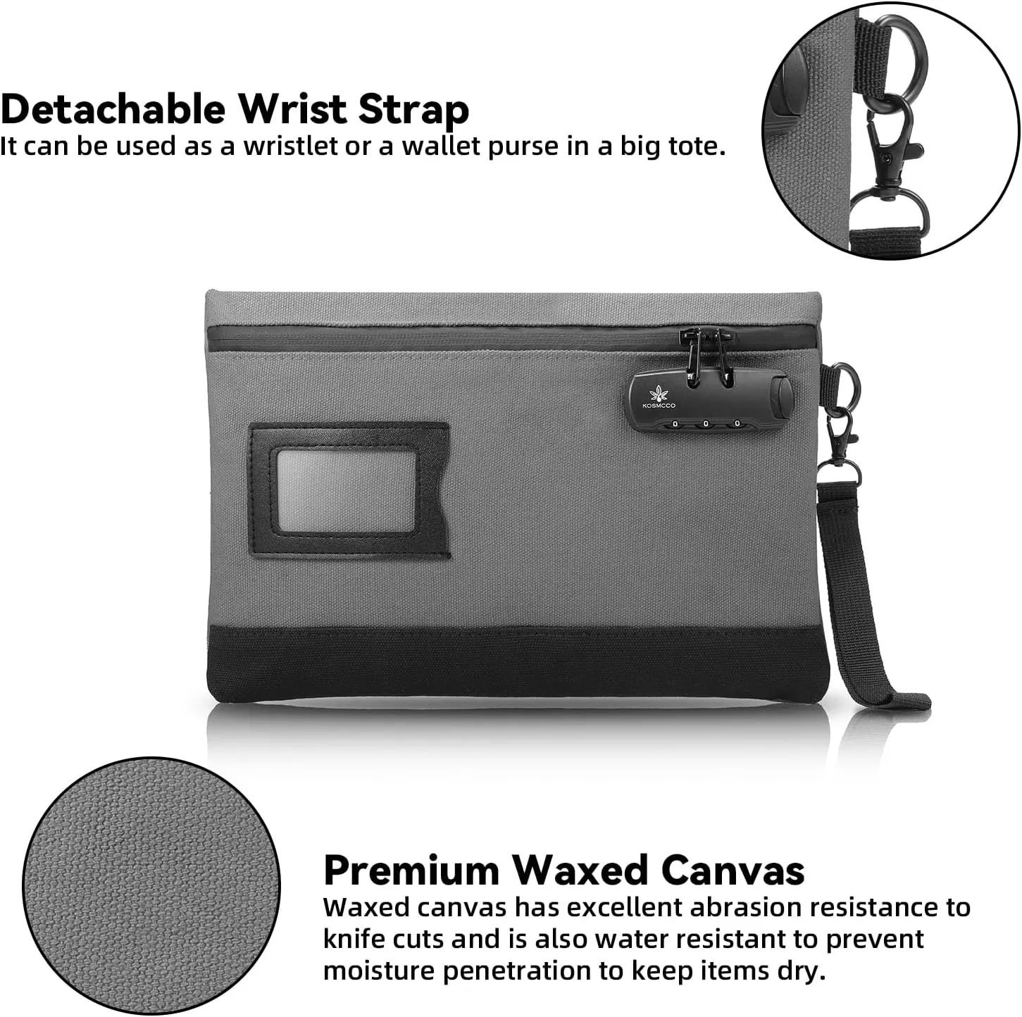 Money Bag with Lock, 11.8 x 7.9 Inches Durable Canvas Cash Pouch Bank Bag for Cash, Passports, Notary Supplies, Medicine, Valuable Storage, Grey