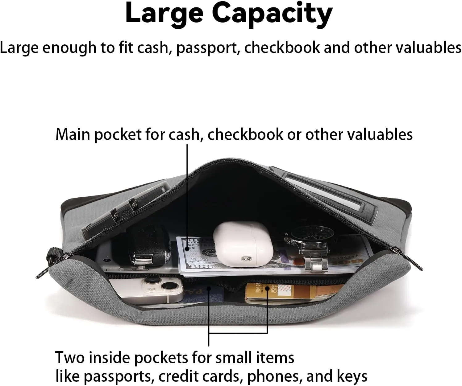 Money Bag with Lock, 11.8 x 7.9 Inches Durable Canvas Cash Pouch Bank Bag for Cash, Passports, Notary Supplies, Medicine, Valuable Storage, Grey