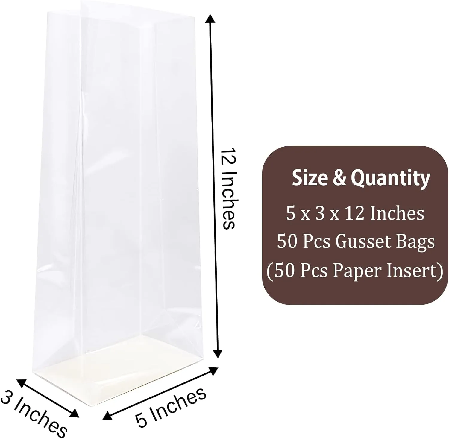 Morepack Gusseted Flat Bottom Cellophane Bags with Paper Insert 50Pcs 5x3x12 Inches Gusseted Cello Bags