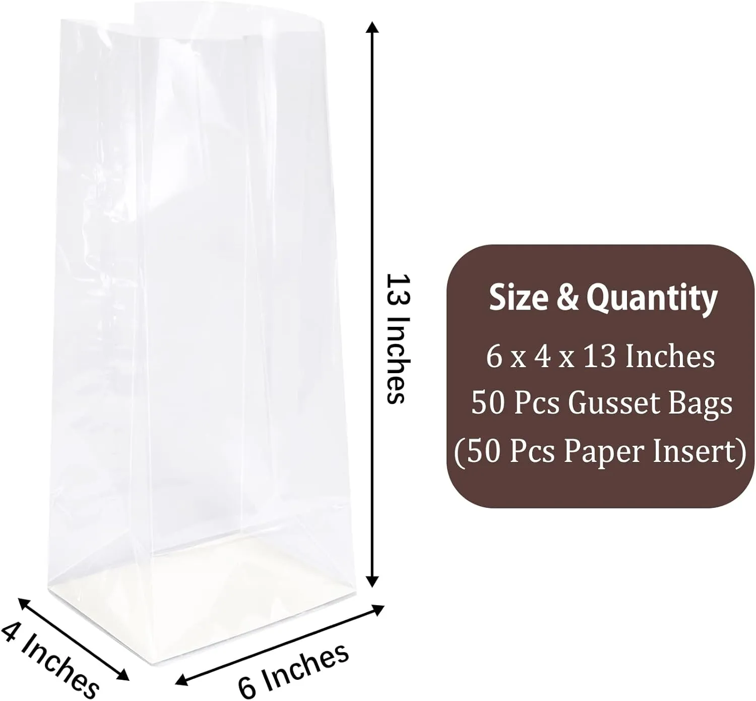 Morepack Gusseted Flat Bottom Cellophane Bags with Paper Insert 50Pcs 6x4x13 Inches Gusseted Cello Bags