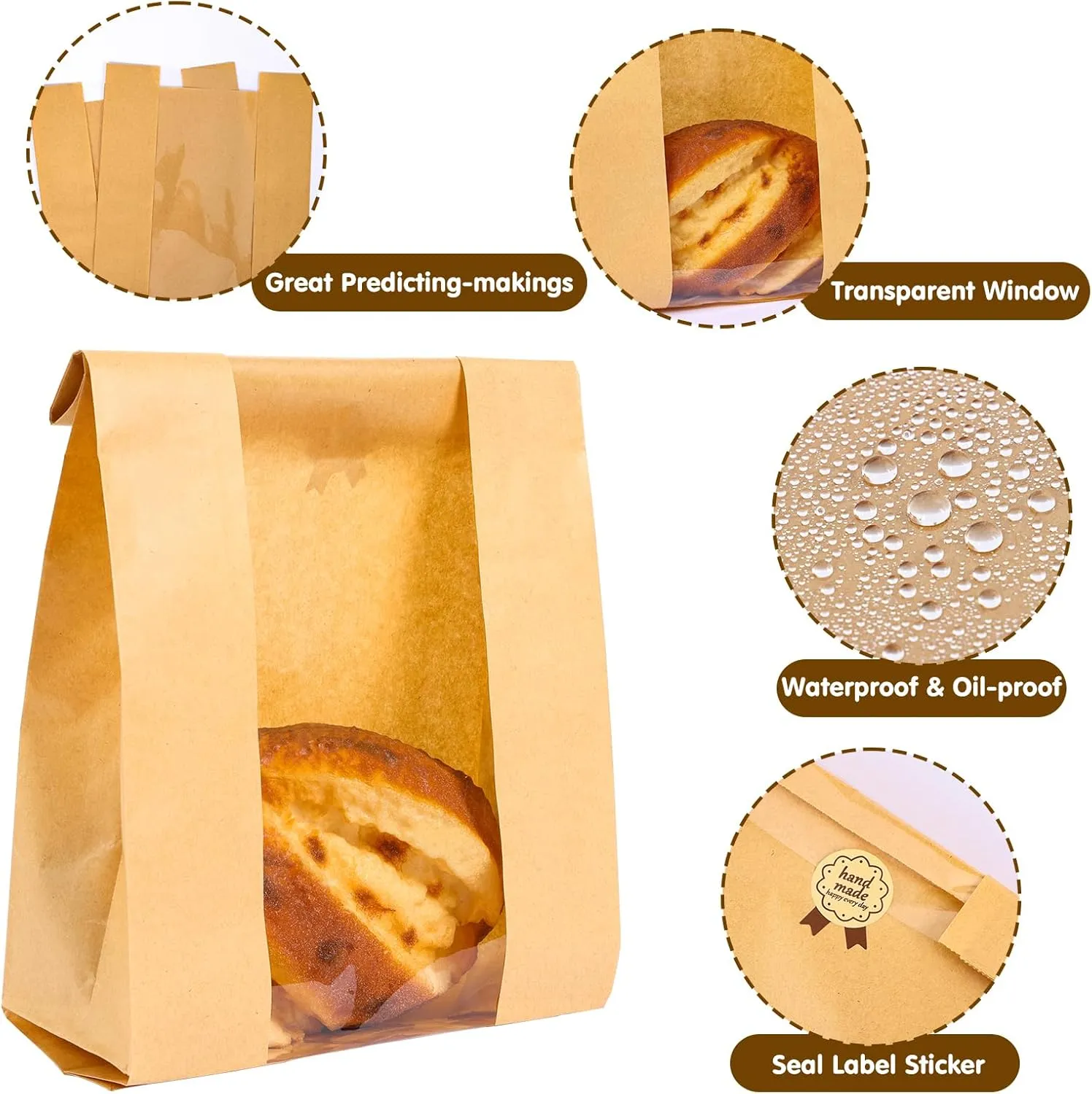 Moretoes Sourdough Paper Bread Bags, 100 Packs Bread Bags for Homemade Bread, Bread Bag with Window Includes Label Seal Stickers for Baked Food Packaging Storage (13.7x8.3x3.5 Inch)