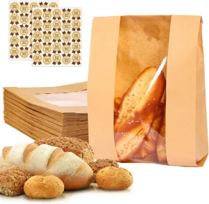 Moretoes Sourdough Paper Bread Bags, 100 Packs Bread Bags for Homemade Bread, Bread Bag with Window Includes Label Seal Stickers for Baked Food Packaging Storage (13.7x8.3x3.5 Inch)
