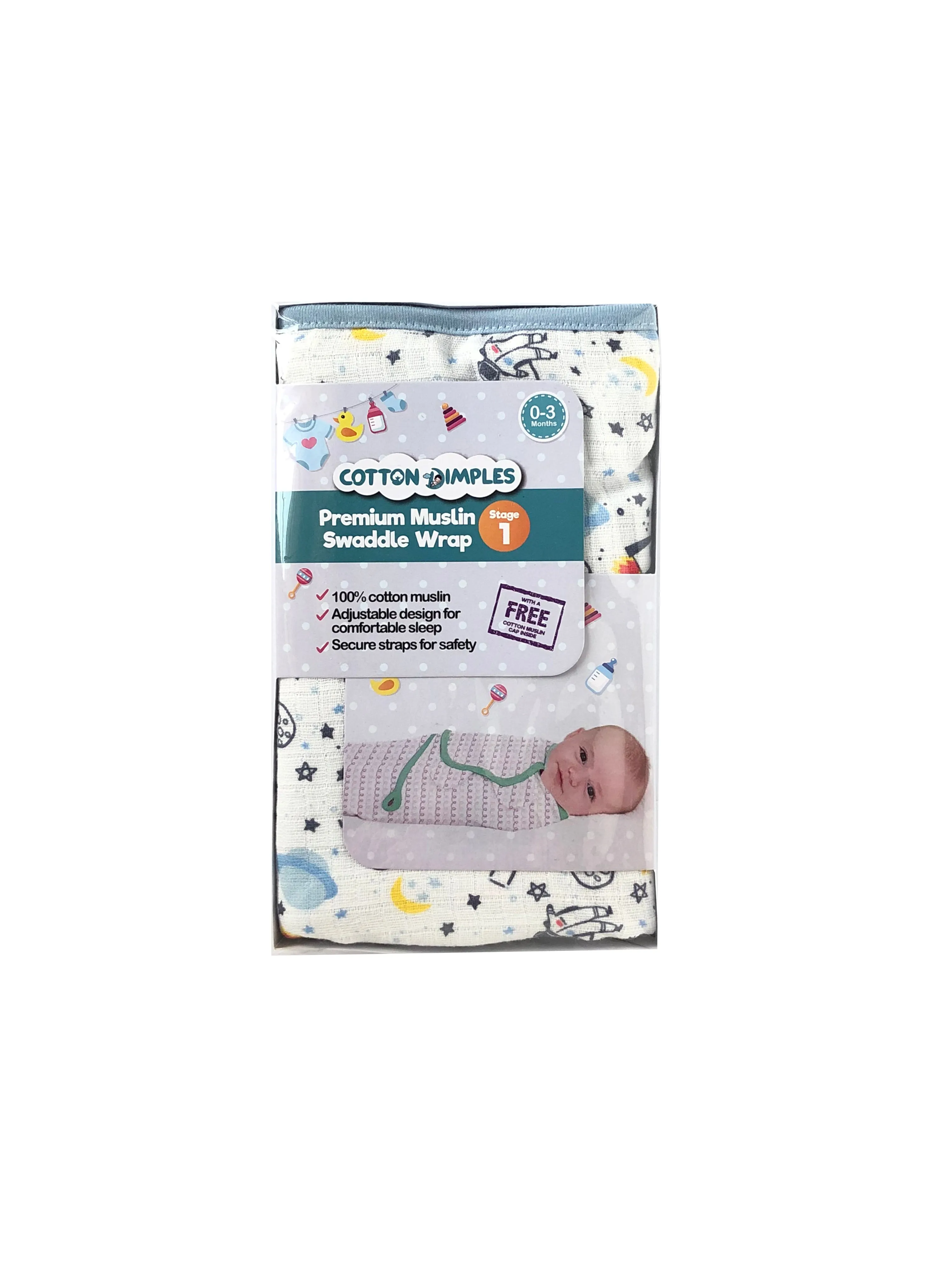 Muslin Swaddle Wrap Stage 1 - Space Explorer with Top Knot Cap