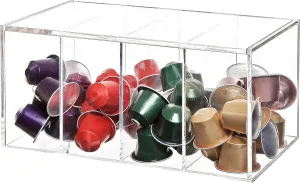 MyGift Deluxe Clear Acrylic Coffee Pod Holder, Coffee Bar Accessories Organizer with 4 Compartments and Hinged Lid