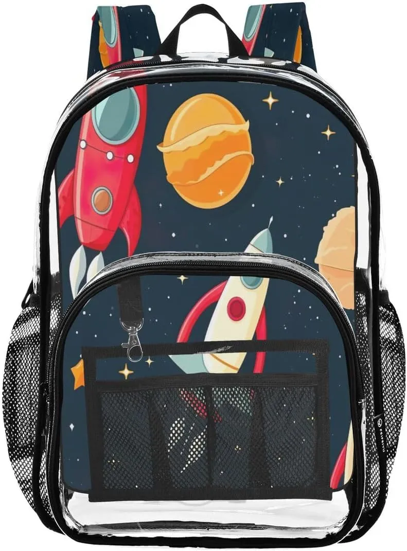 Nander Rockets and Spacecraft Clear Backpack for School,Heavy Duty PVC Transparent Bookbag for Stadium,Quick Security Clearance Travel Bag