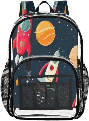 Nander Rockets and Spacecraft Clear Backpack for School,Heavy Duty PVC Transparent Bookbag for Stadium,Quick Security Clearance Travel Bag