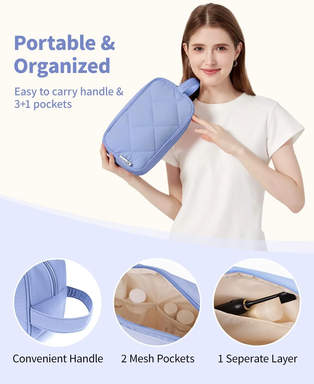 Narwey Travel Toiletry Bag for Traveling Women Travel Bag for Toiletries, Quilted Makeup Bag Cosmetic Make up Bags Medicine Bag for Girls (Blue)