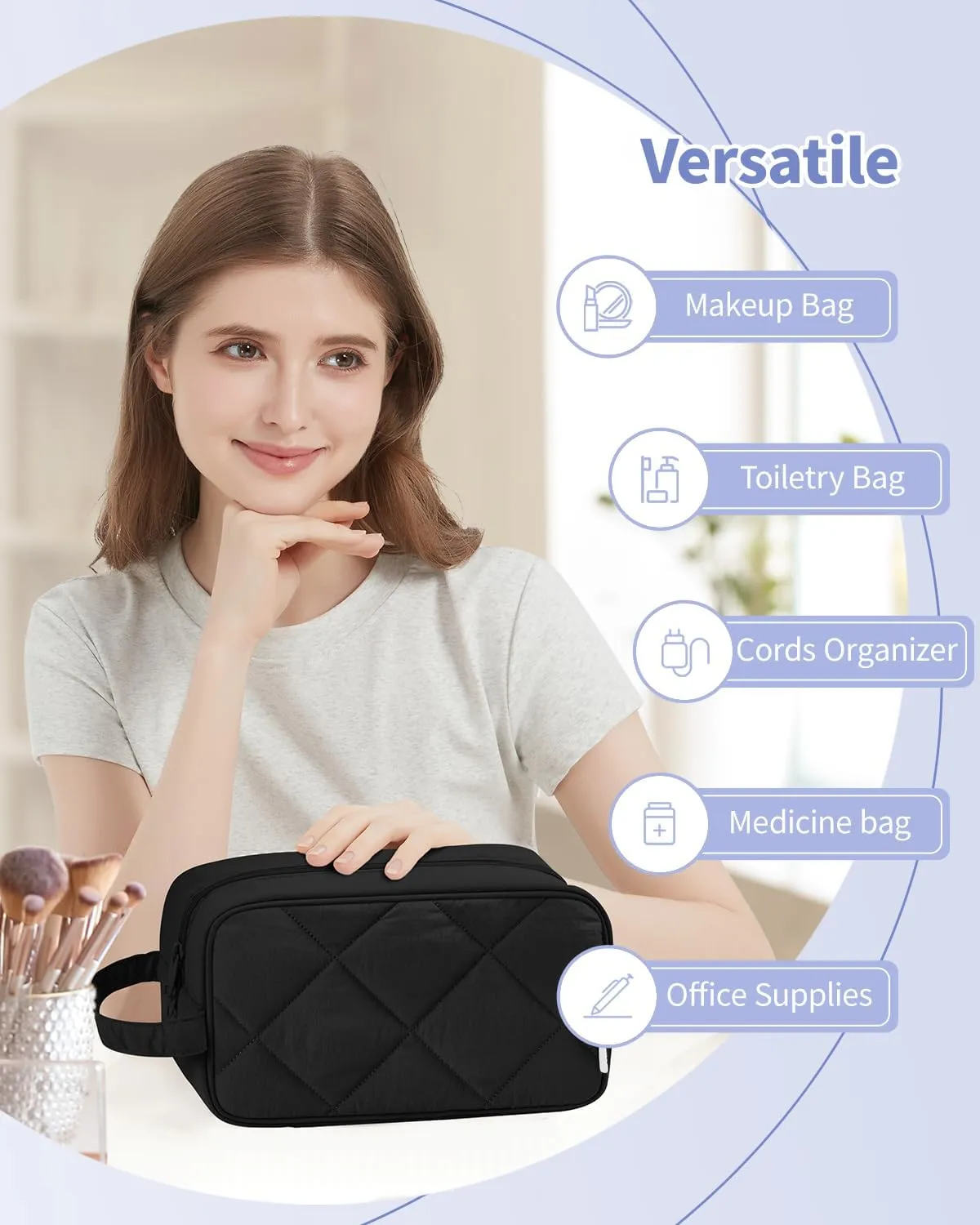 Narwey Travel Toiletry Bag for Traveling Women Travel Bag for Toiletries, Quilted Makeup Cosmetic Make up Bags Medicine for Girls (Black)