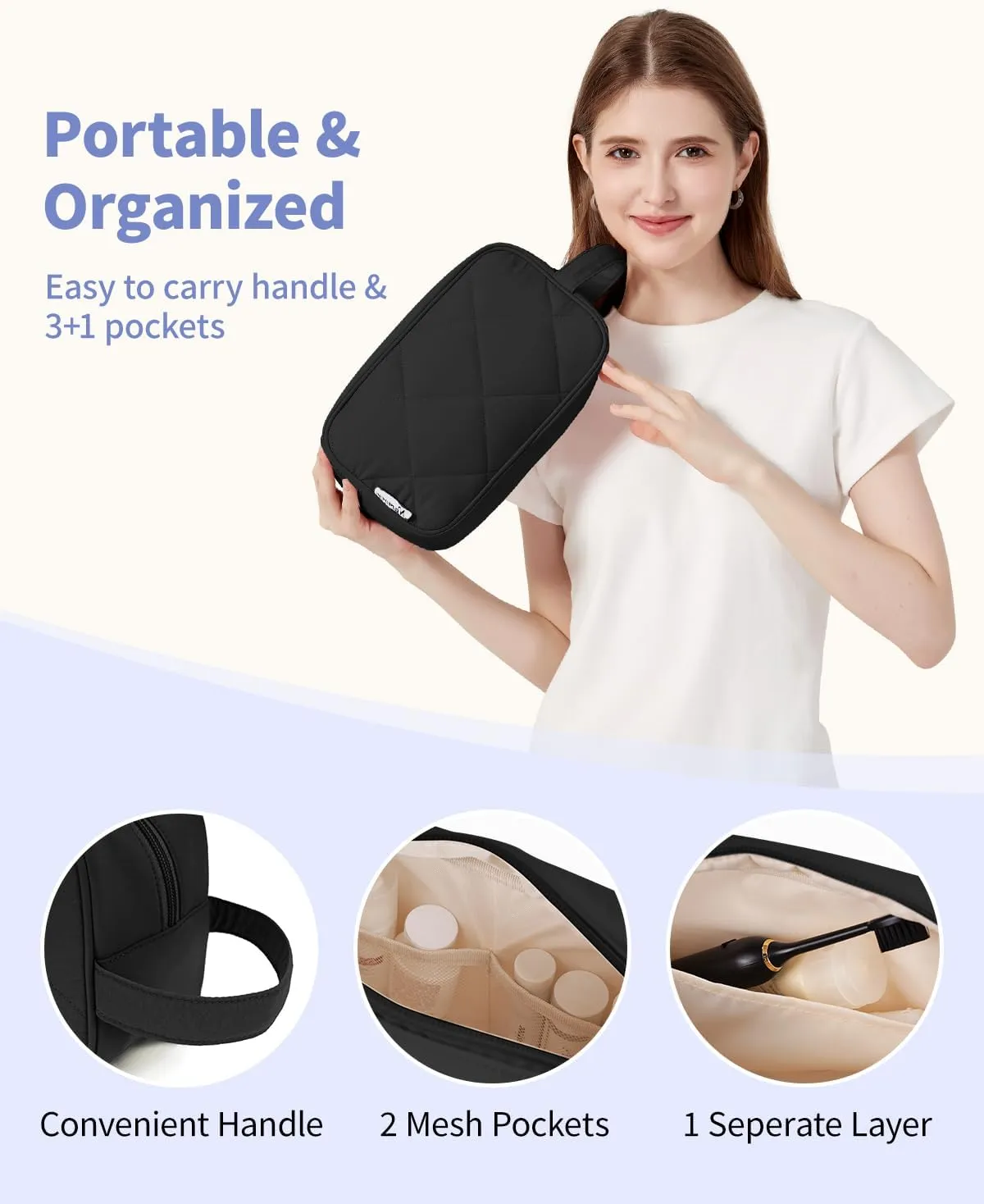 Narwey Travel Toiletry Bag for Traveling Women Travel Bag for Toiletries, Quilted Makeup Cosmetic Make up Bags Medicine for Girls (Black)