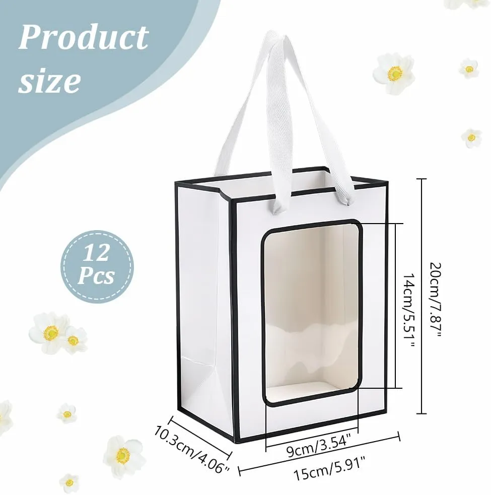 NBEADS 12 Pcs Kraft Paper Gift Bags with Clear Window, 7.9x5.9x4.1inch Paper Gift Tote Bags with Handles for Birthday Bridal Shower Festival Party, White Black