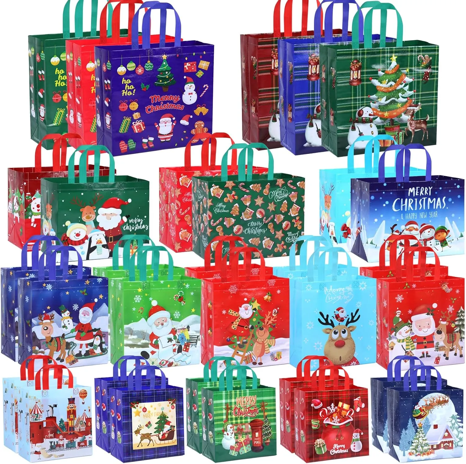 NESCCI 32 Pack Christmas Gift Bags,4 Different Sizes Of Gift Bags,Christmas Tote Bags with Handles,Reusable Non-Woven Christmas Bags,Used for Xmas Gifts Packaging, Shopping,Party