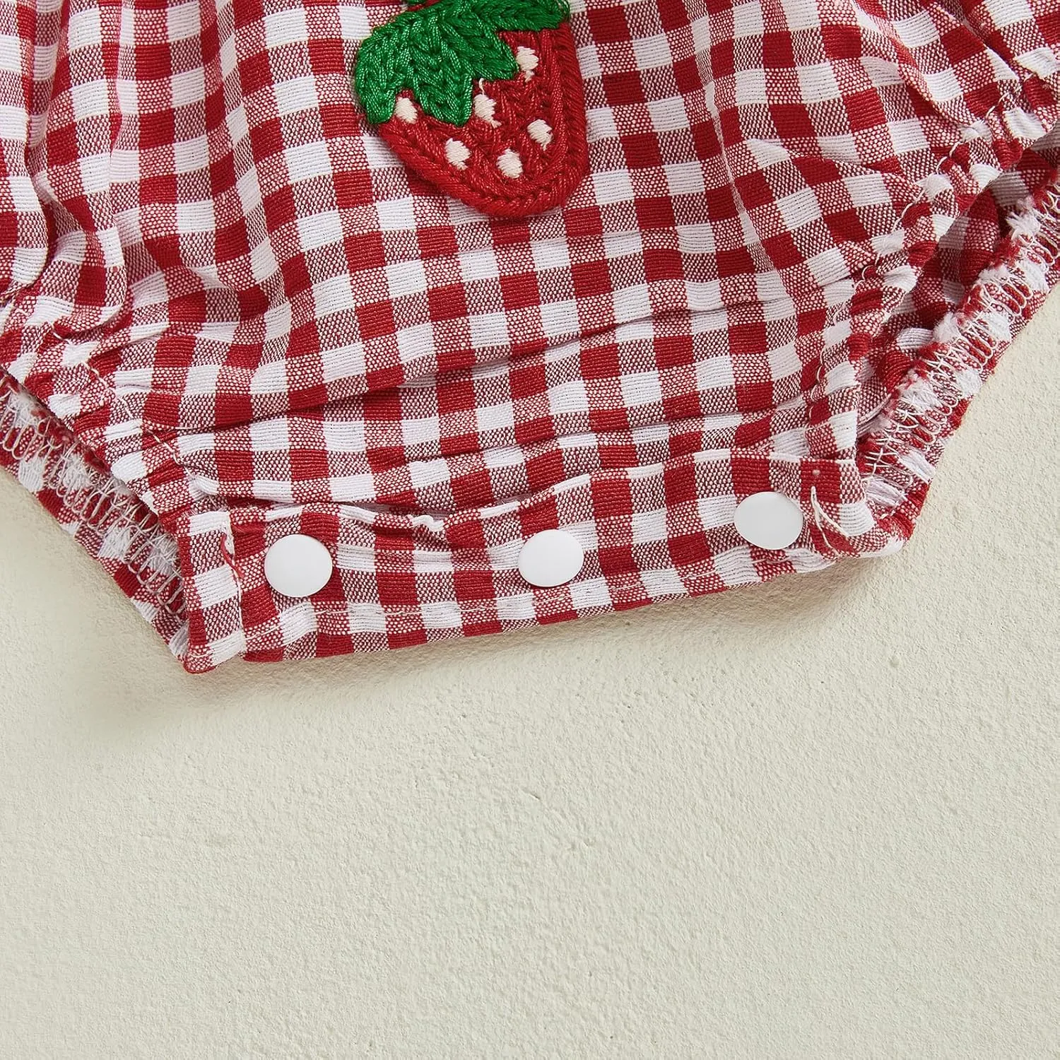 Newborn Baby Girl Strawberry Outfit Plaid Smocked Sleeveless Overall Romper Te-up Headband Cute Summer Clothes