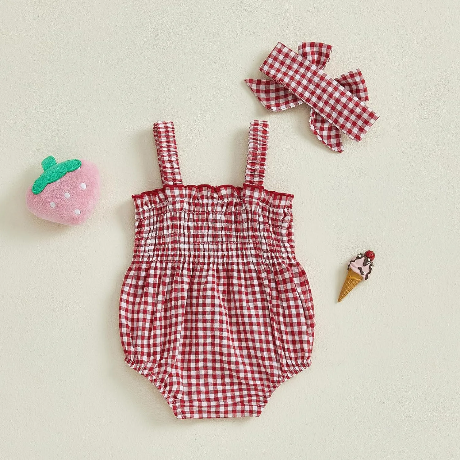 Newborn Baby Girl Strawberry Outfit Plaid Smocked Sleeveless Overall Romper Te-up Headband Cute Summer Clothes