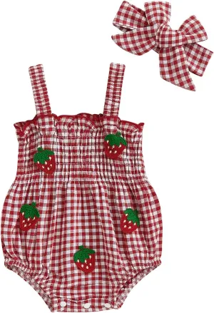 Newborn Baby Girl Strawberry Outfit Plaid Smocked Sleeveless Overall Romper Te-up Headband Cute Summer Clothes