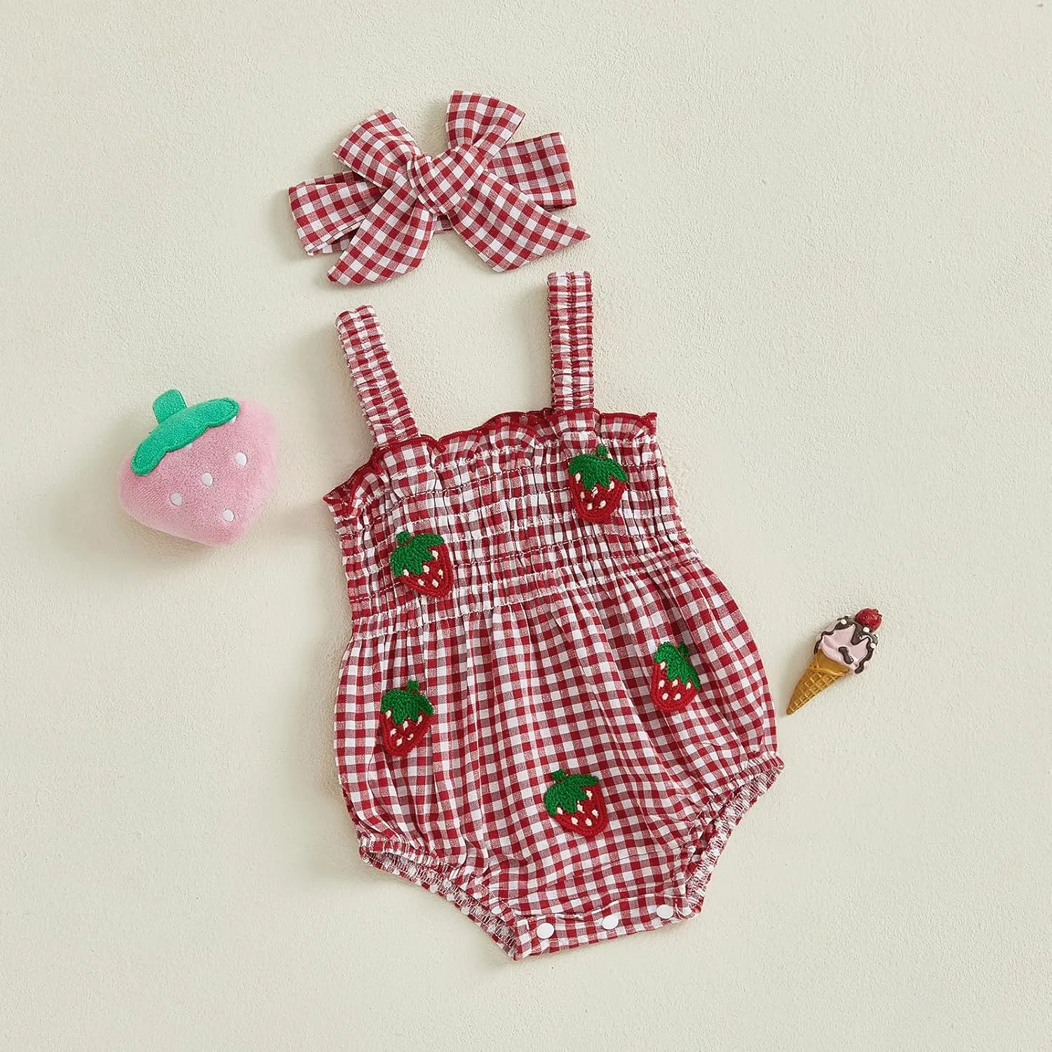 Newborn Baby Girl Strawberry Outfit Plaid Smocked Sleeveless Overall Romper Te-up Headband Cute Summer Clothes