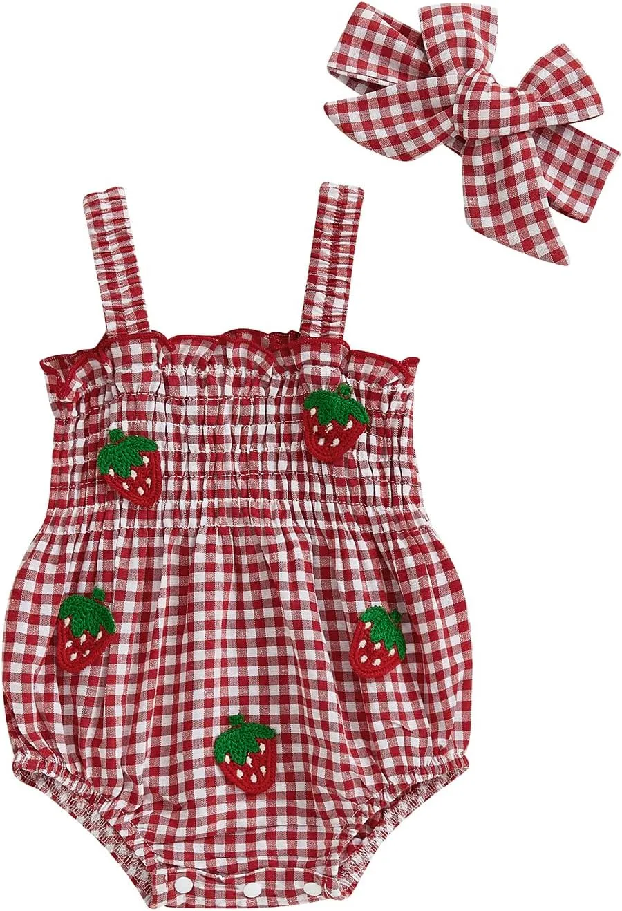 Newborn Baby Girl Strawberry Outfit Plaid Smocked Sleeveless Overall Romper Te-up Headband Cute Summer Clothes
