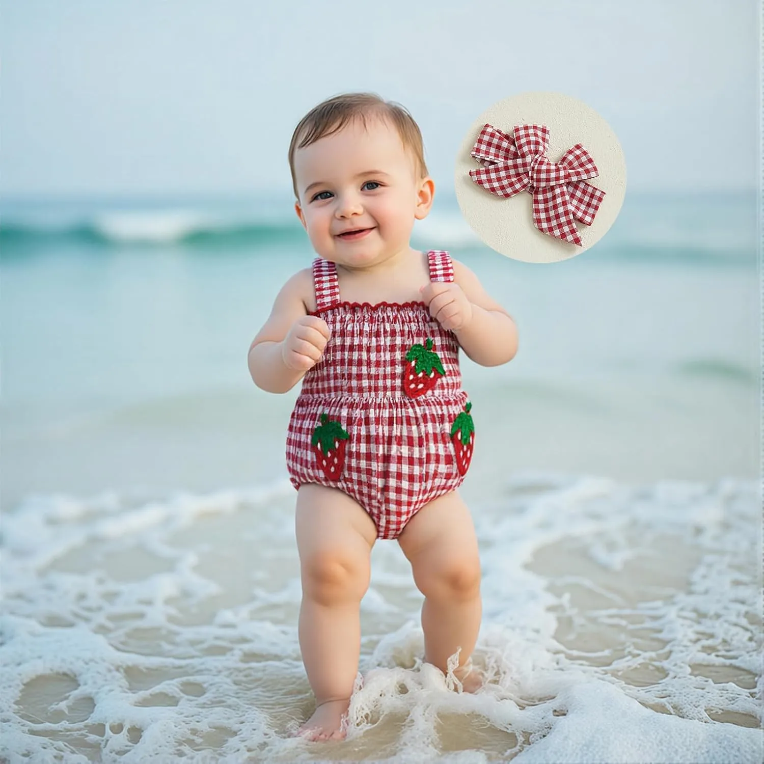 Newborn Baby Girl Strawberry Outfit Plaid Smocked Sleeveless Overall Romper Te-up Headband Cute Summer Clothes