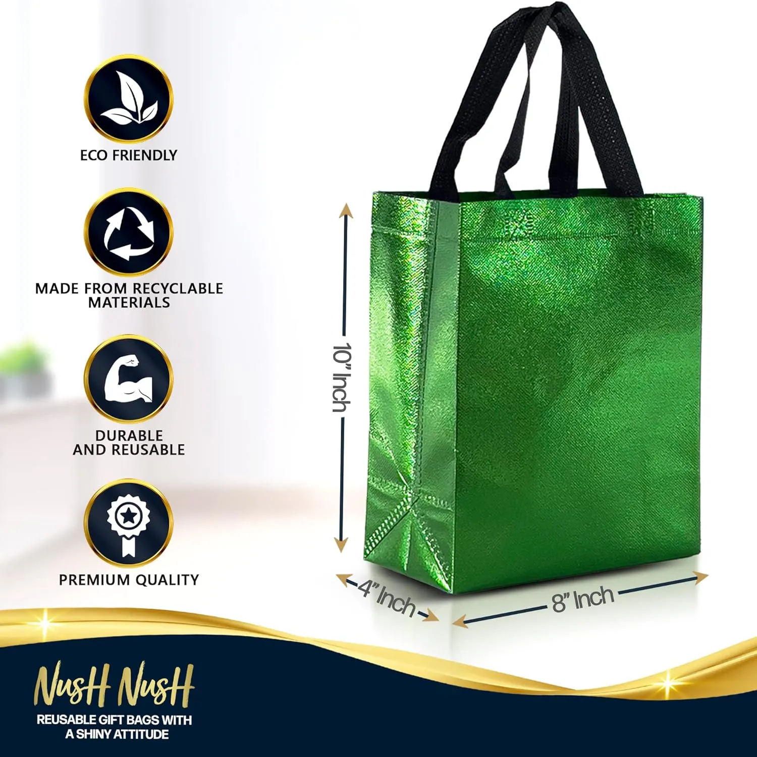 Nush Nush Green Gift Bags Medium Size – Set of 12 Shiny Green Reusable Gift Bags With Handles In Bulk- Perfect For Presents Or Party Favors, Christmas, Birthdays, Holiday Gifting – 8Wx4Dx10H Size