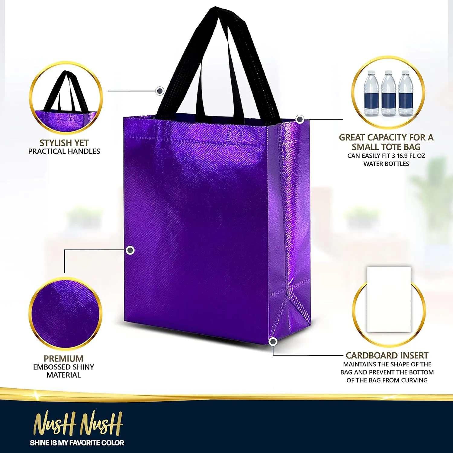 Nush Nush Purple Reusable Gift Bags Shiny Medium Size Set of 12 with Handles - Birthday, Party Favor, Goody Bags - 8Wx4Dx10H