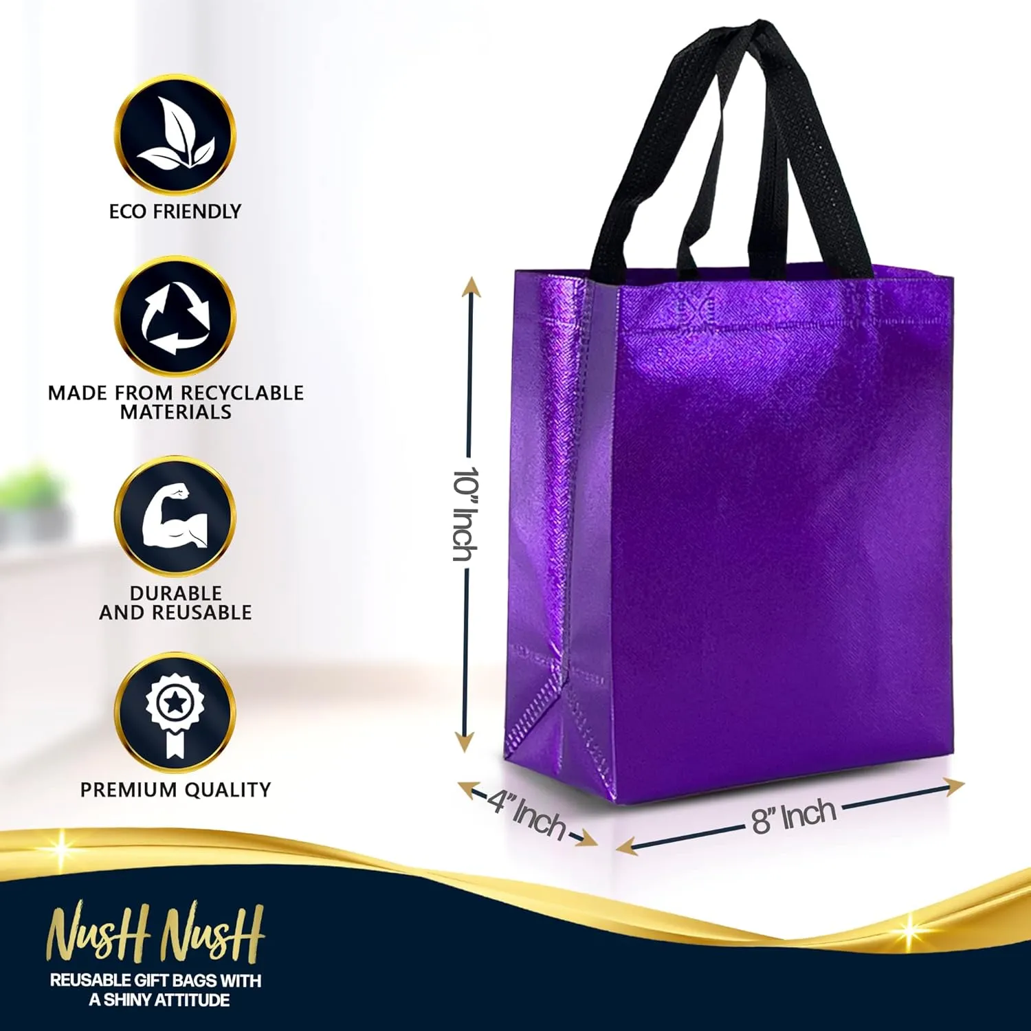 Nush Nush Purple Reusable Gift Bags Shiny Medium Size Set of 12 with Handles - Birthday, Party Favor, Goody Bags - 8Wx4Dx10H