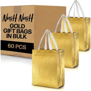 Nush Nush Set of 60 Gold Gift Bags in Bulk - Shiny Gold Reusable Gift Bags Medium Size - For Small Business Use As Goodie Bags, Birthday Gift Bags With Handles, Party Favor Bags, Goody Bags- 8Wx4Dx10H