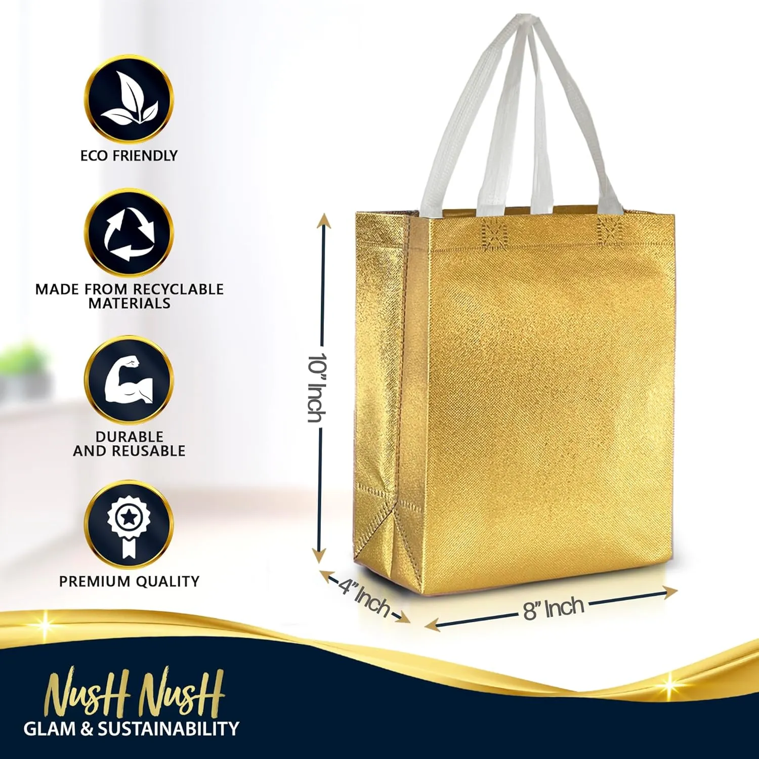 Nush Nush Set of 60 Gold Gift Bags in Bulk - Shiny Gold Reusable Gift Bags Medium Size - For Small Business Use As Goodie Bags, Birthday Gift Bags With Handles, Party Favor Bags, Goody Bags- 8Wx4Dx10H