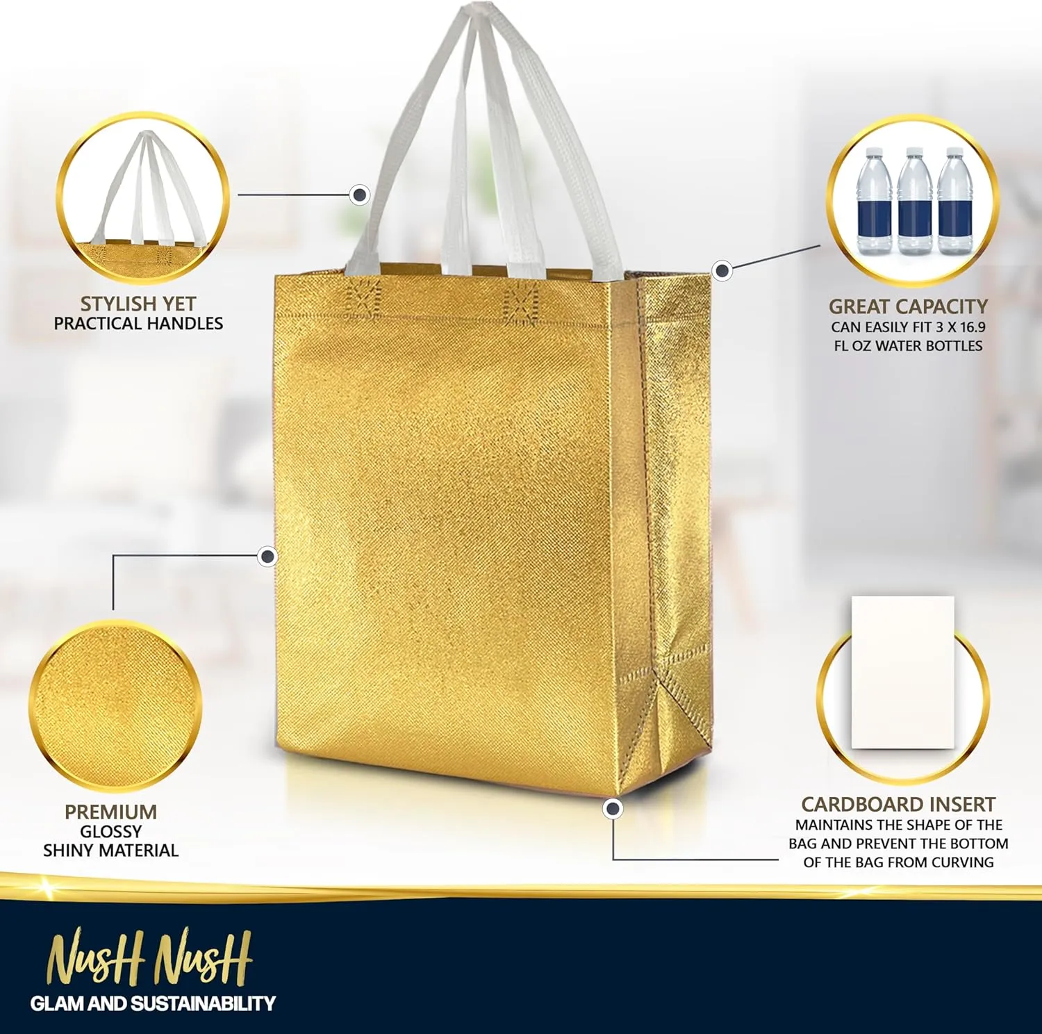 Nush Nush Set of 60 Gold Gift Bags in Bulk - Shiny Gold Reusable Gift Bags Medium Size - For Small Business Use As Goodie Bags, Birthday Gift Bags With Handles, Party Favor Bags, Goody Bags- 8Wx4Dx10H