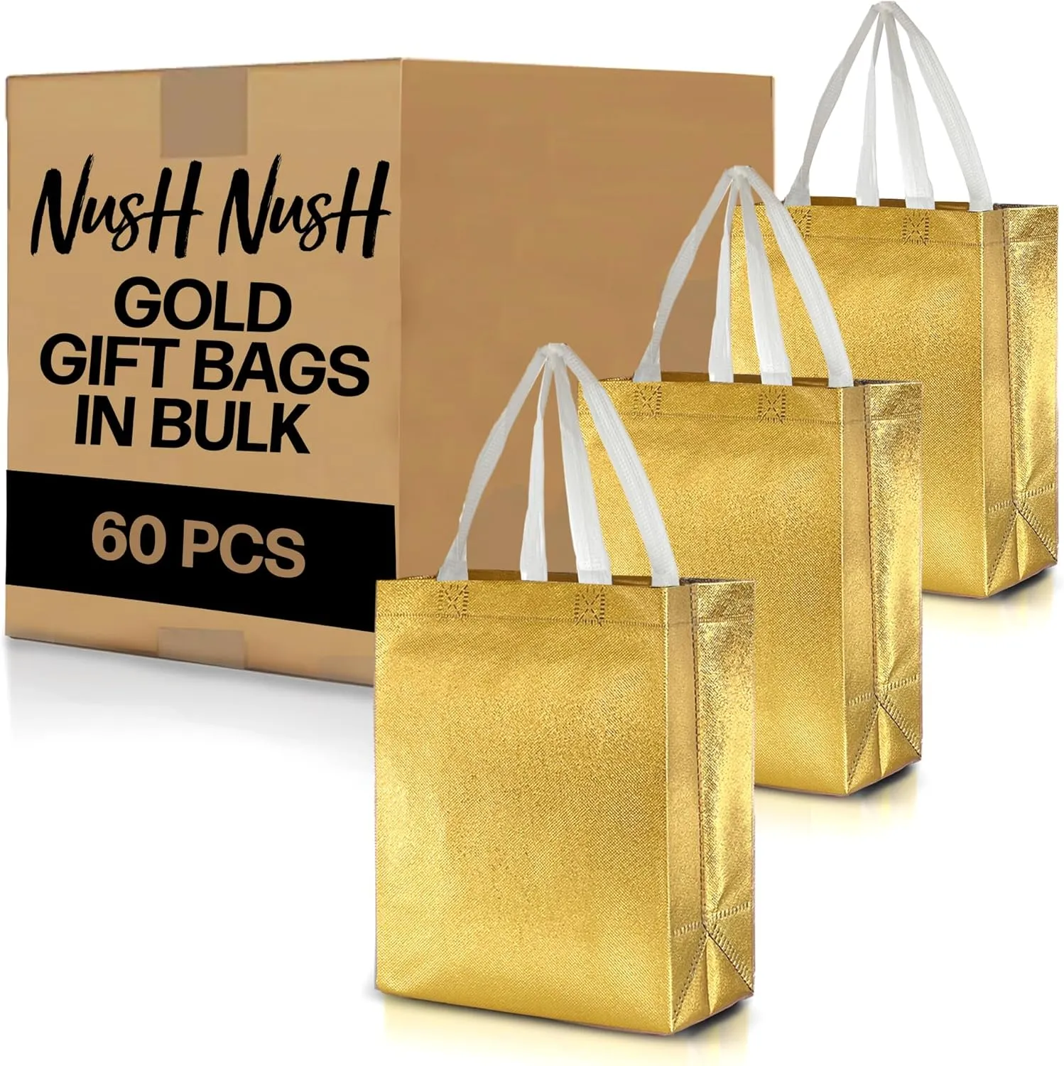 Nush Nush Set of 60 Gold Gift Bags in Bulk - Shiny Gold Reusable Gift Bags Medium Size - For Small Business Use As Goodie Bags, Birthday Gift Bags With Handles, Party Favor Bags, Goody Bags- 8Wx4Dx10H