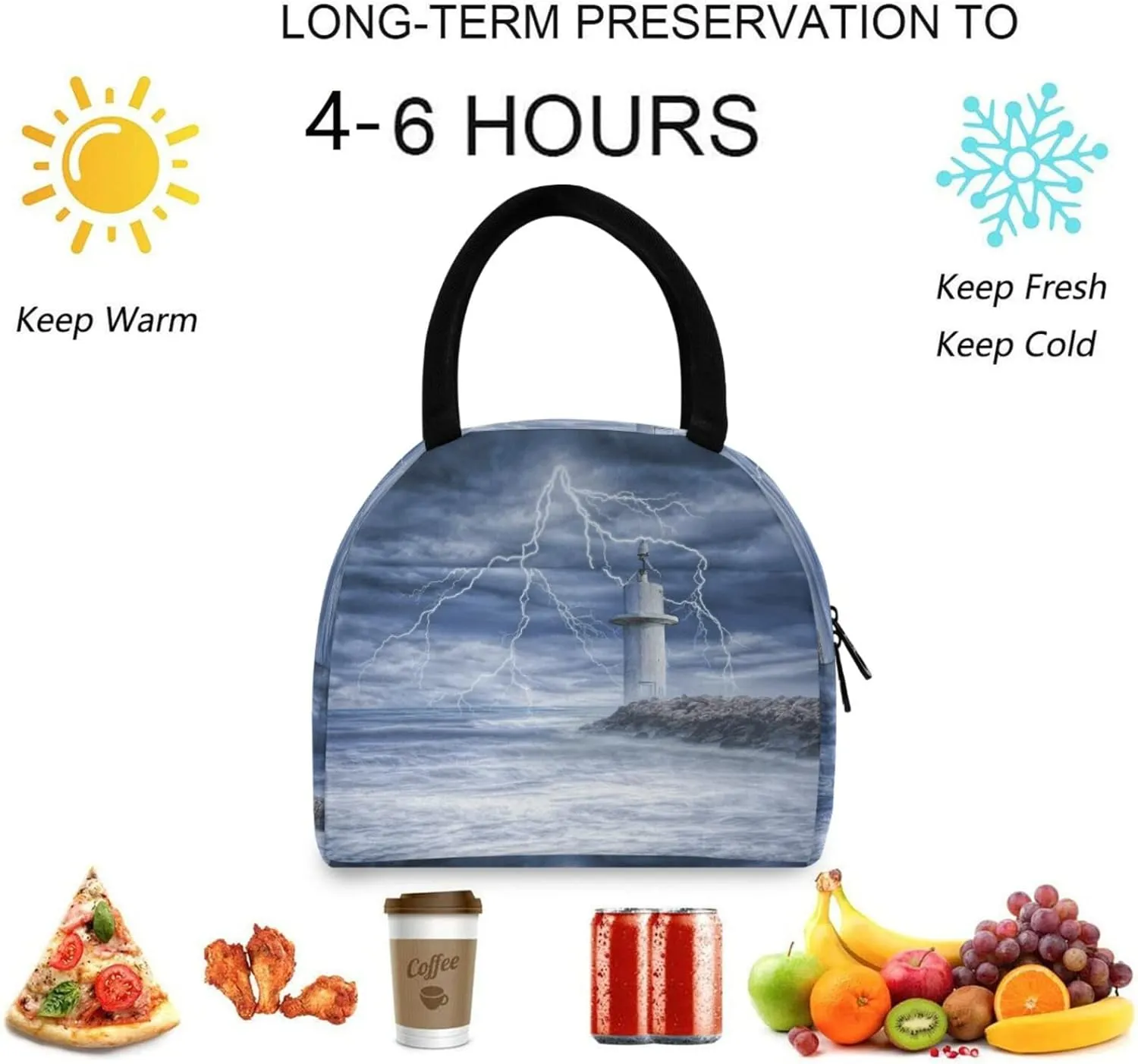 Ocean Thunderstorm Lighthouse Reusable Lunch Tote Bag Insulated Thermal Cooler Container Bag for Back to School Work Picnic Travel Fishing Beach