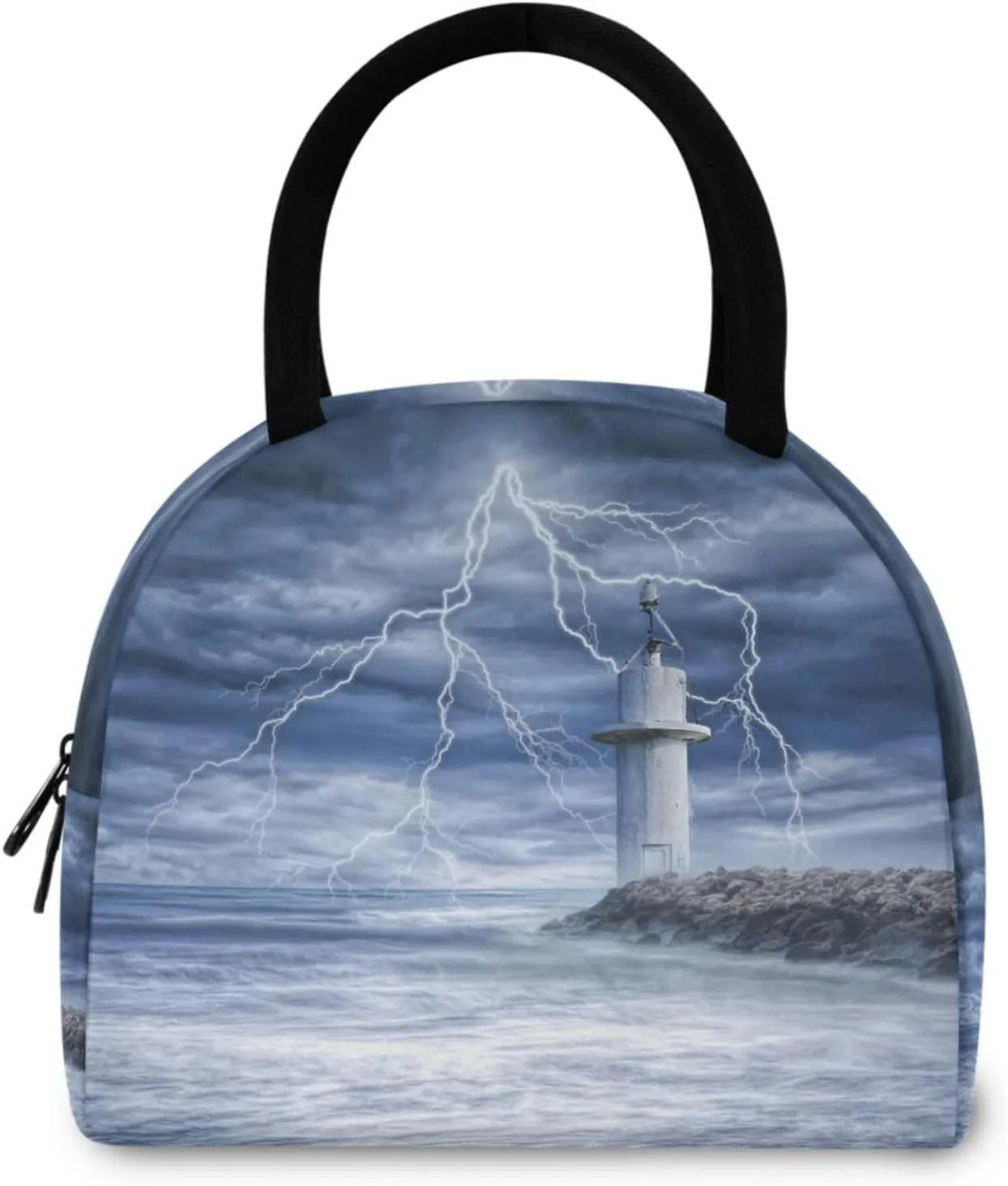 Ocean Thunderstorm Lighthouse Reusable Lunch Tote Bag Insulated Thermal Cooler Container Bag for Back to School Work Picnic Travel Fishing Beach