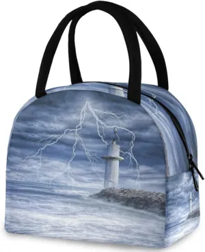 Ocean Thunderstorm Lighthouse Reusable Lunch Tote Bag Insulated Thermal Cooler Container Bag for Back to School Work Picnic Travel Fishing Beach