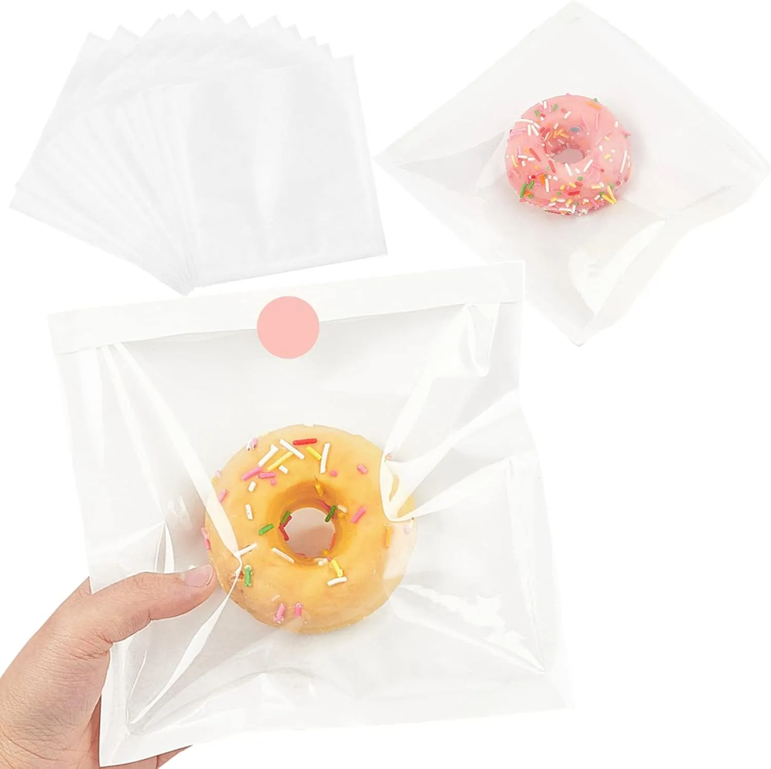 Ocmoiy 200ct Heat-Sealable Bakery Bags with Window for Cookies Packaging, 7.1x7.5 Inches Clear Front Paper Treat bags Donut Bags To go, Grease-Resistant Paper Egg Sandwich Bags (200)