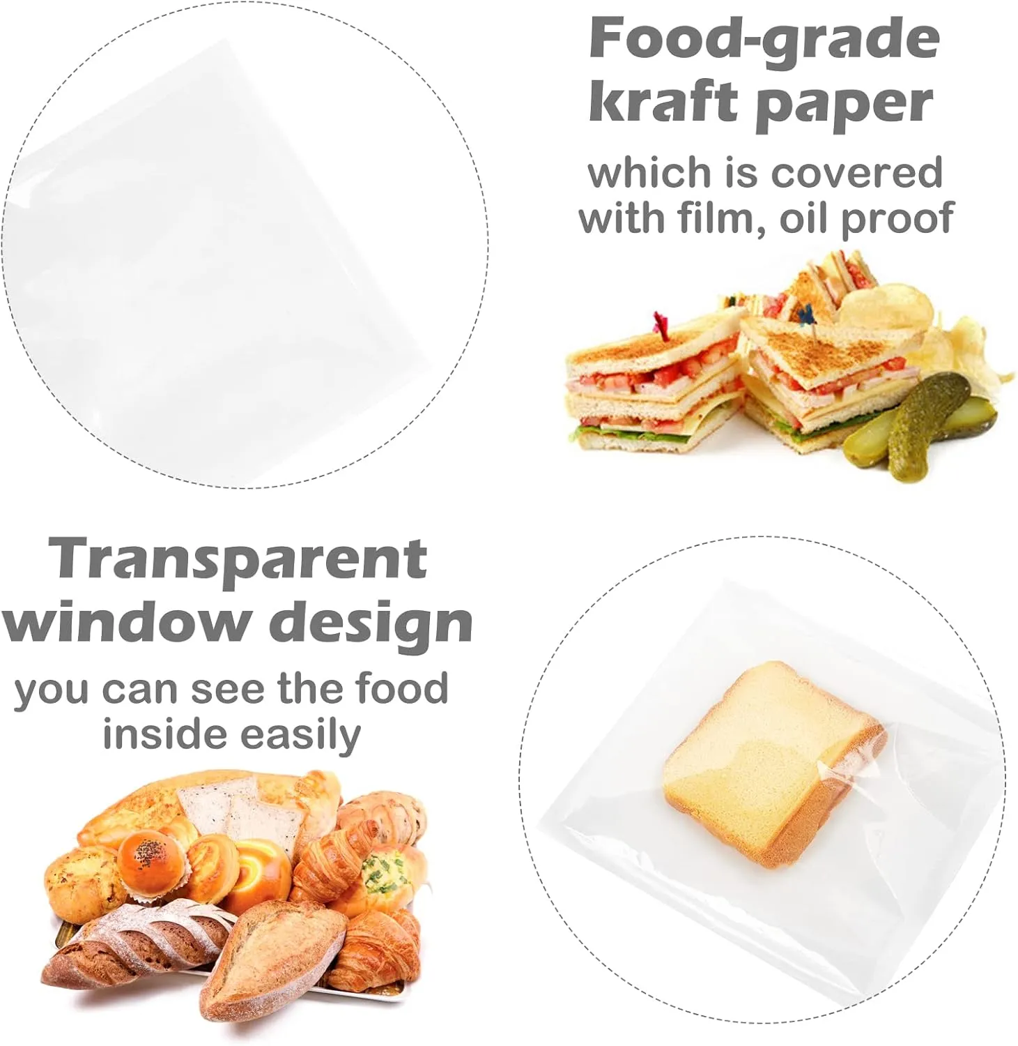 Ocmoiy 200ct Heat-Sealable Bakery Bags with Window for Cookies Packaging, 7.1x7.5 Inches Clear Front Paper Treat bags Donut Bags To go, Grease-Resistant Paper Egg Sandwich Bags (200)