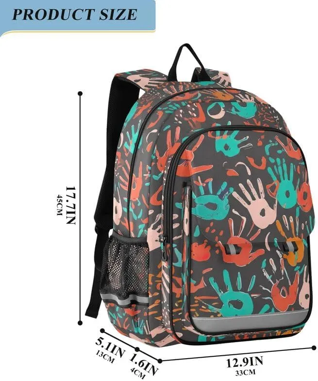ODAWA Colorful Handprints Shapes Bagpacks Daypack with Compartment & Multiple Pockets Kids Backpack Ages 6-12, 17 Inch
