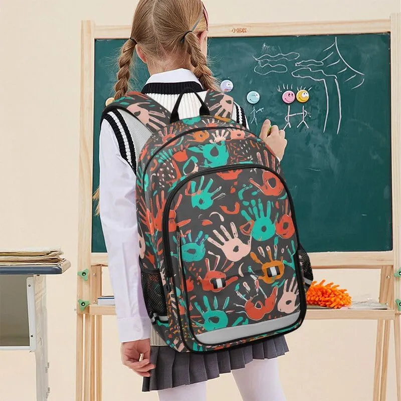ODAWA Colorful Handprints Shapes Bagpacks Daypack with Compartment & Multiple Pockets Kids Backpack Ages 6-12, 17 Inch