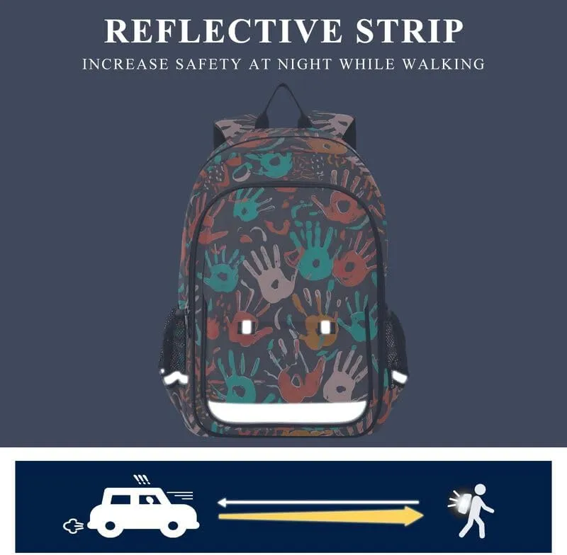 ODAWA Colorful Handprints Shapes Bagpacks Daypack with Compartment & Multiple Pockets Kids Backpack Ages 6-12, 17 Inch