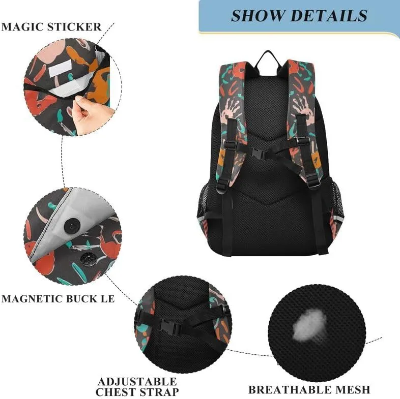 ODAWA Colorful Handprints Shapes Bagpacks Daypack with Compartment & Multiple Pockets Kids Backpack Ages 6-12, 17 Inch