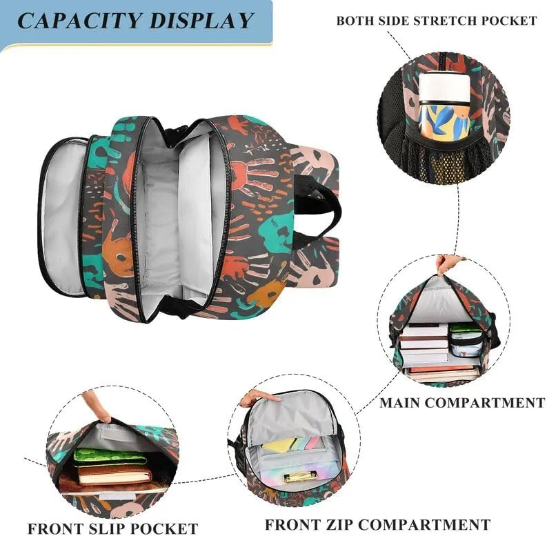 ODAWA Colorful Handprints Shapes Bagpacks Daypack with Compartment & Multiple Pockets Kids Backpack Ages 6-12, 17 Inch