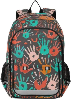 ODAWA Colorful Handprints Shapes Bagpacks Daypack with Compartment & Multiple Pockets Kids Backpack Ages 6-12, 17 Inch