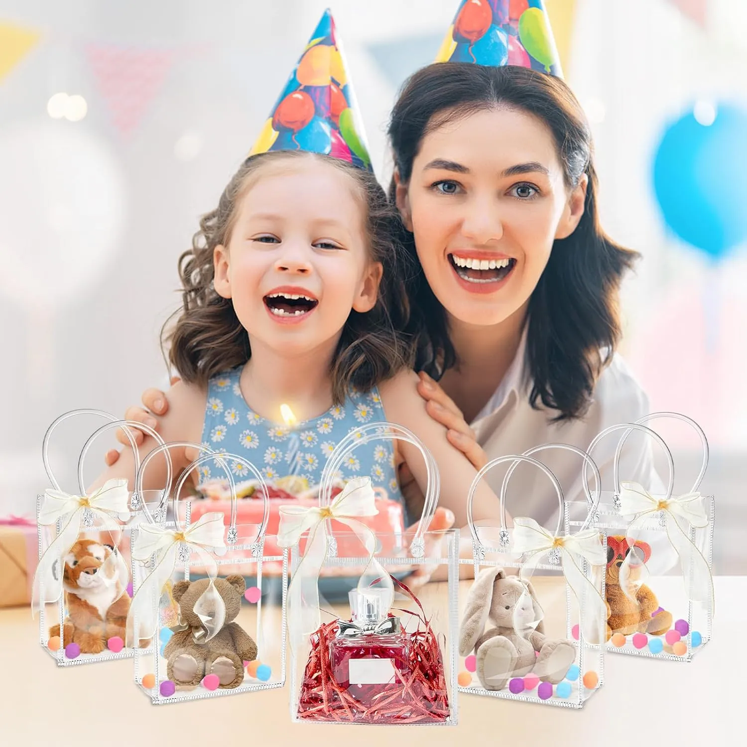 Ohuimrt 50 PCS Clear Plastic Gift Bags with Handles, Reusable Party Favor Bags with Ribbon Transparent Gift Wrap Bags Bulk for Weddings Birthdays, 5.9 x 4.92 x 2.75 Inches