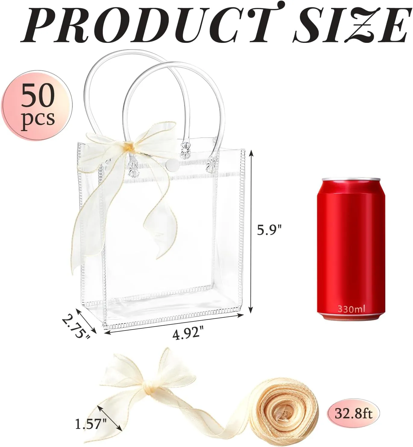 Ohuimrt 50 PCS Clear Plastic Gift Bags with Handles, Reusable Party Favor Bags with Ribbon Transparent Gift Wrap Bags Bulk for Weddings Birthdays, 5.9 x 4.92 x 2.75 Inches