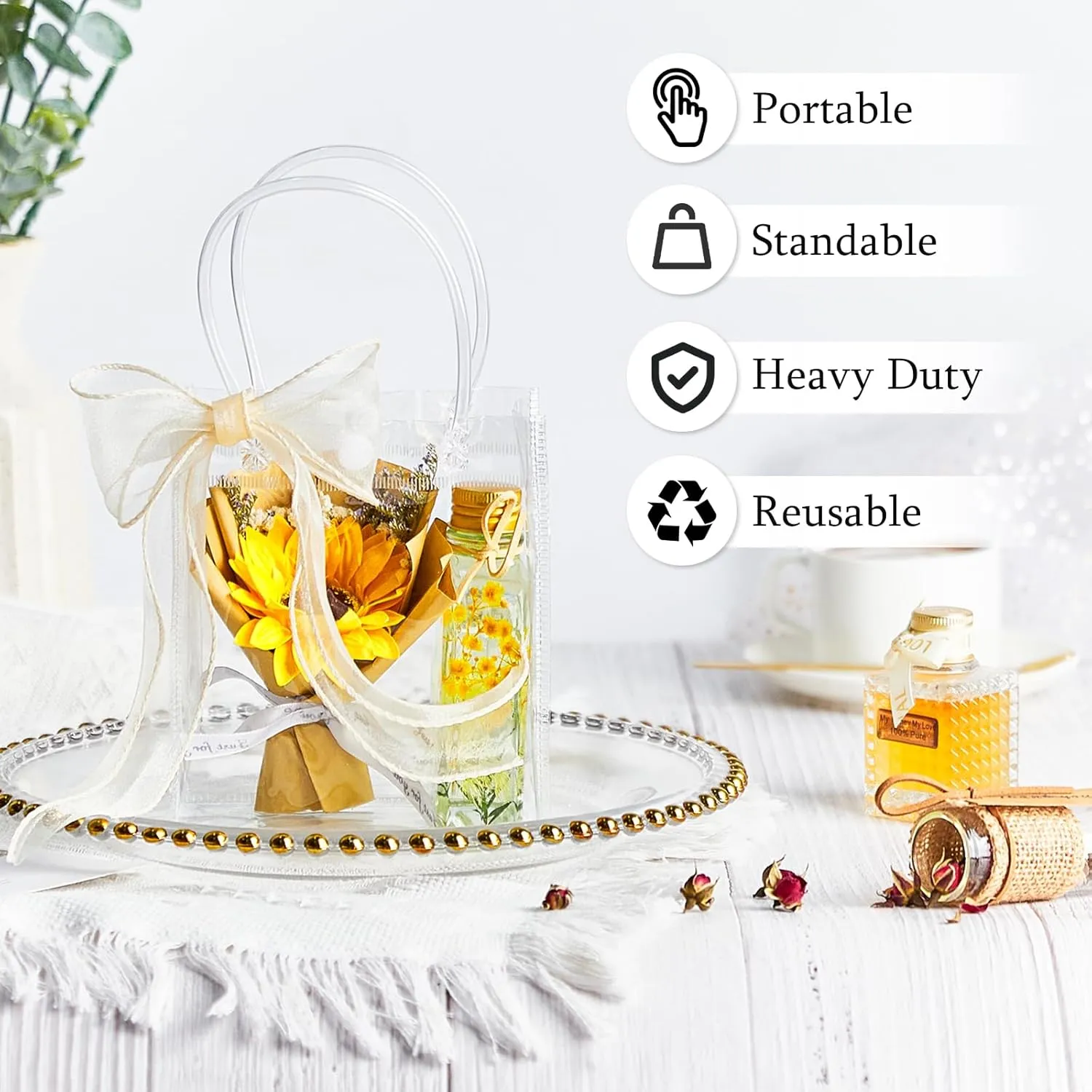 Ohuimrt 50 PCS Clear Plastic Gift Bags with Handles, Reusable Party Favor Bags with Ribbon Transparent Gift Wrap Bags Bulk for Weddings Birthdays, 5.9 x 4.92 x 2.75 Inches