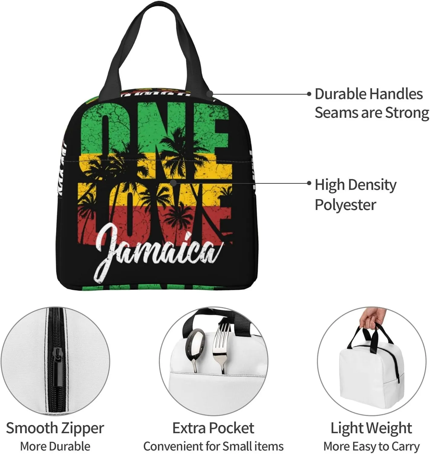 One Loves Jamaican Rasta Reggae Palm Trees Insulated Lunch Bag Cooler Lunch Box Portable Picnic Bags Reusable Meal Handbag Bento Organizer with Front Pocket for Office Travel