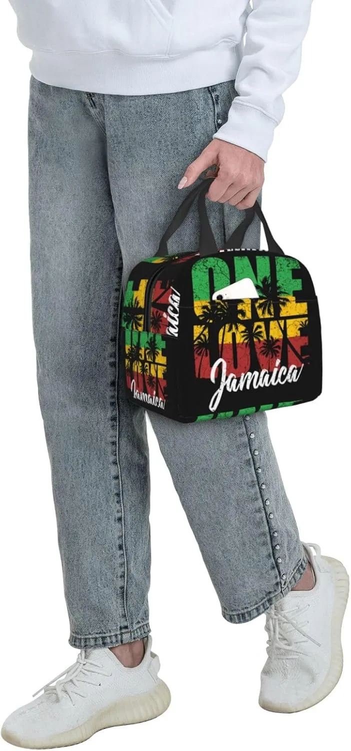 One Loves Jamaican Rasta Reggae Palm Trees Insulated Lunch Bag Cooler Lunch Box Portable Picnic Bags Reusable Meal Handbag Bento Organizer with Front Pocket for Office Travel
