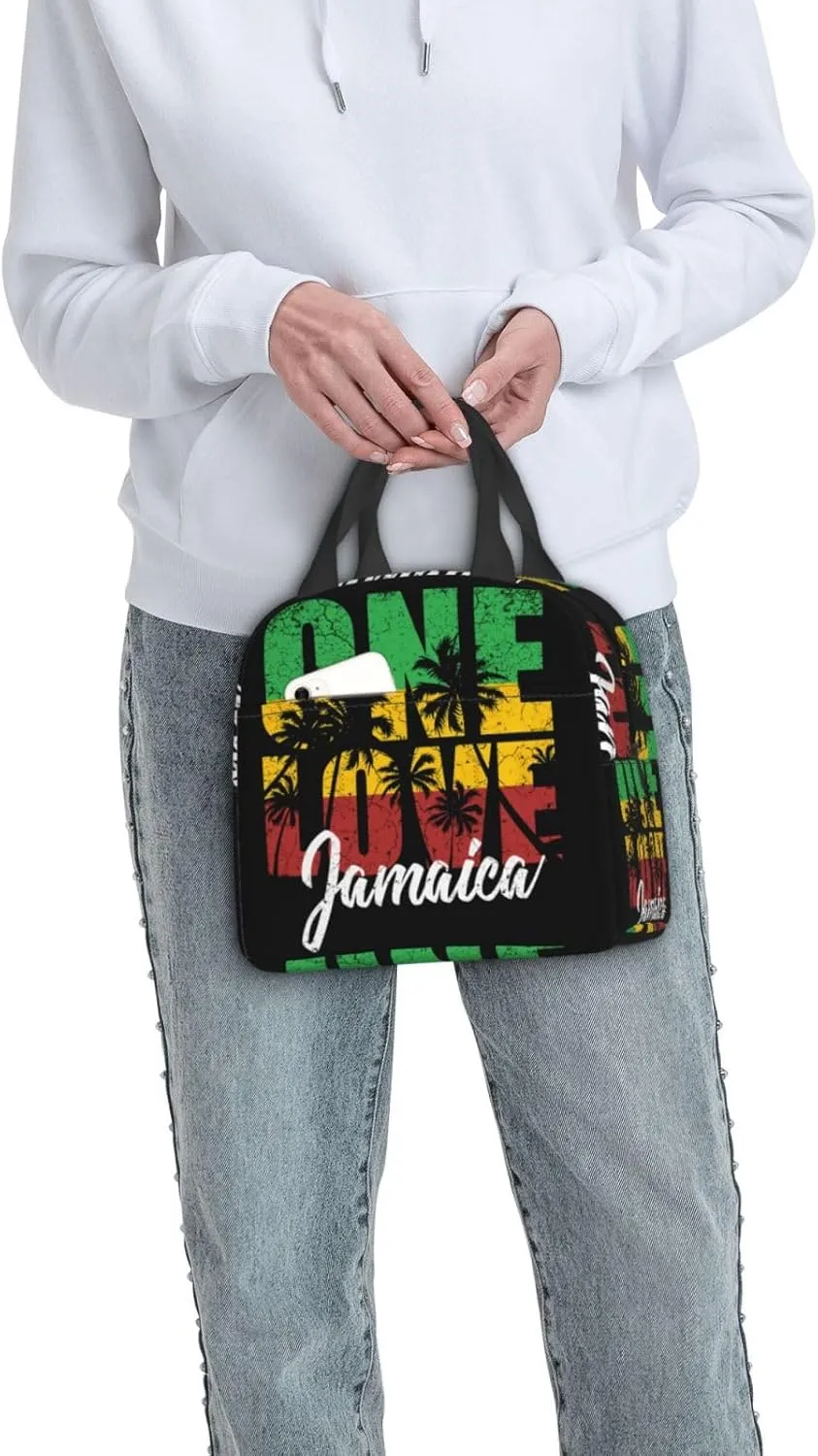 One Loves Jamaican Rasta Reggae Palm Trees Insulated Lunch Bag Cooler Lunch Box Portable Picnic Bags Reusable Meal Handbag Bento Organizer with Front Pocket for Office Travel