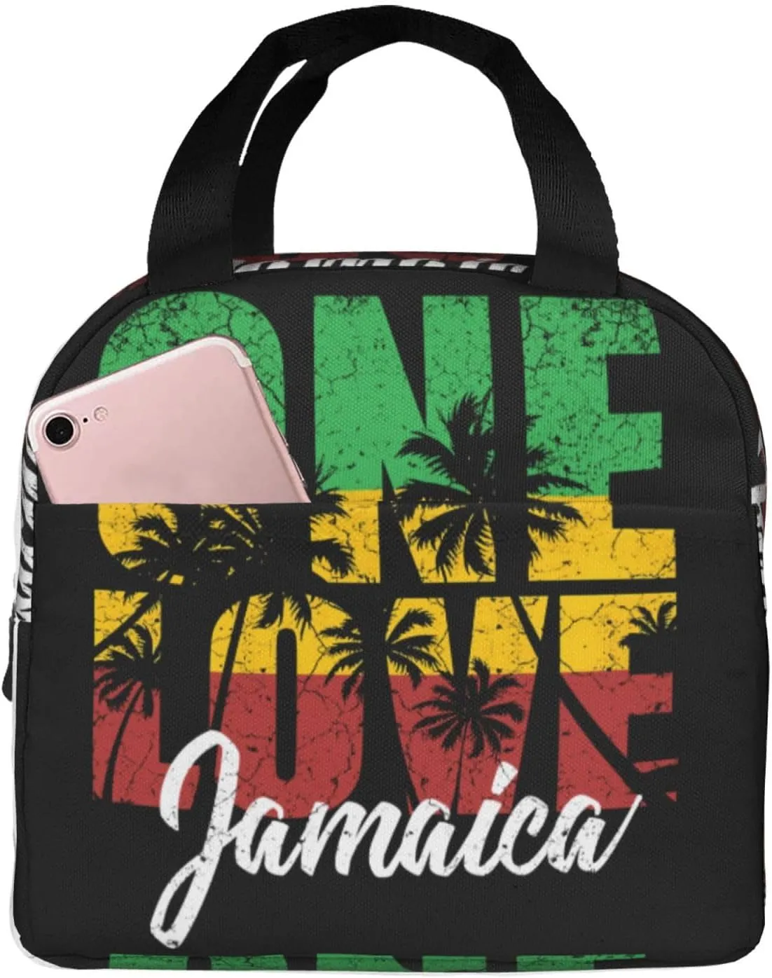 One Loves Jamaican Rasta Reggae Palm Trees Insulated Lunch Bag Cooler Lunch Box Portable Picnic Bags Reusable Meal Handbag Bento Organizer with Front Pocket for Office Travel