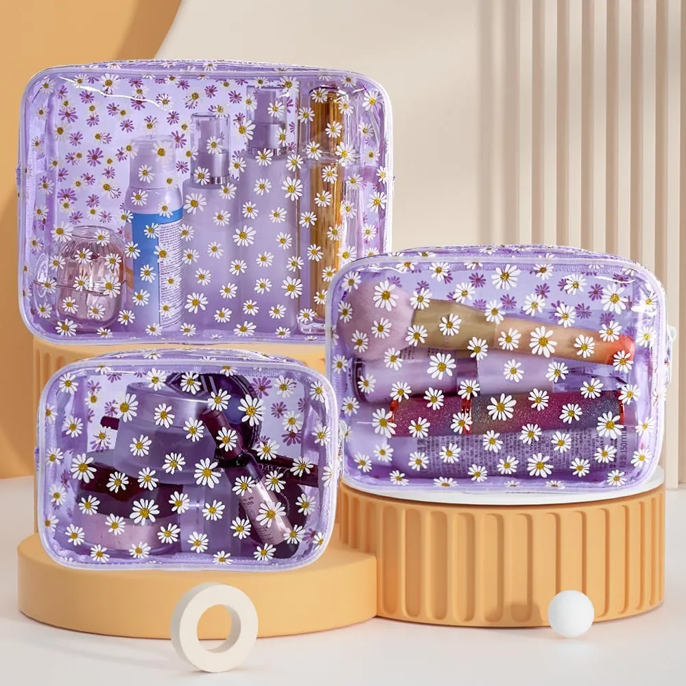 ONEART 3pcs Clear Makeup Bags,Transparent Women Cosmetic Bag with Zipper,Daisy Beauty Case,Make Up Organizer Storage,Bath Toiletry Wash Bag