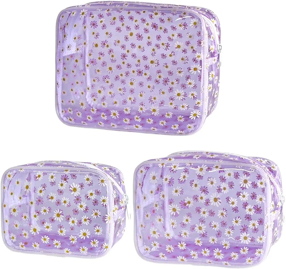 ONEART 3pcs Clear Makeup Bags,Transparent Women Cosmetic Bag with Zipper,Daisy Beauty Case,Make Up Organizer Storage,Bath Toiletry Wash Bag