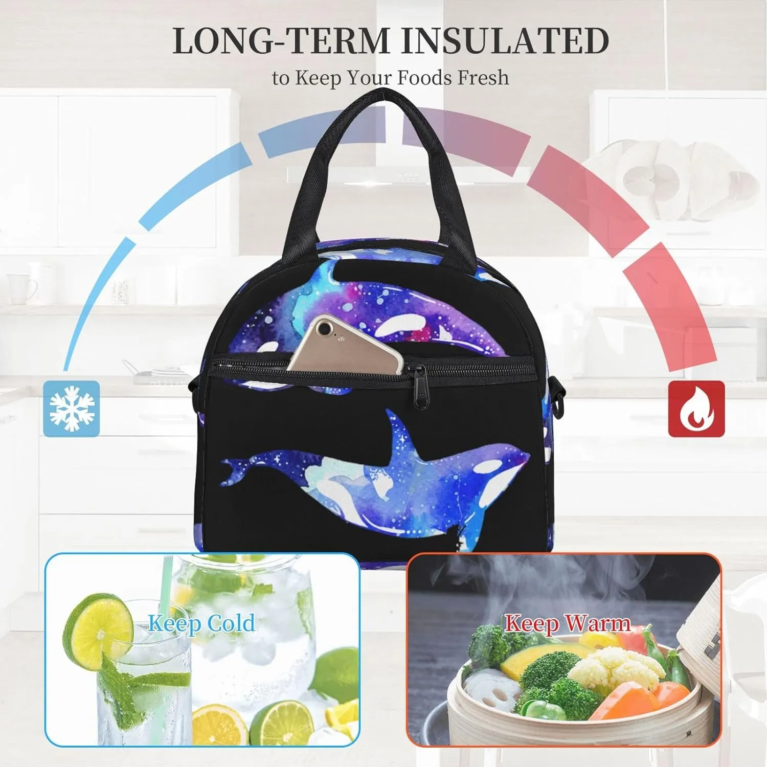 Orca Killer Whale Print Crossbody Insulated Lunch Bags For Women Men Cooler Bag Lightweight Waterproof Lunch Box